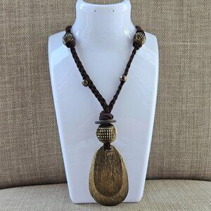 Chico's Women Necklace Gold Tone Fashion Vintage Jewelry Brown Cord